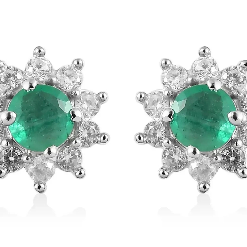 Ethiopian Emerald with White Zircon Earrings in Platinum Over Sterling Silver